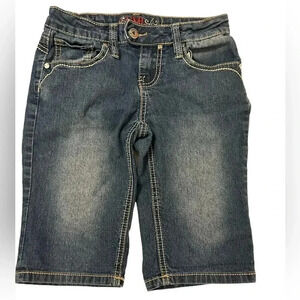 YMI Girls Blue Denim Shorts Sz 10 Bermuda Length Embroidered Button Flap Pockets